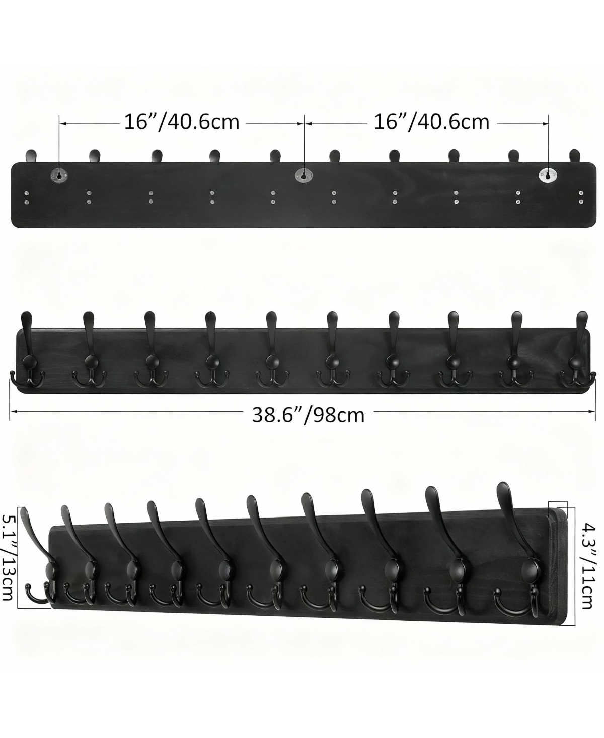 Yigii Rustic Wood Coat Rack - 10 Hooks for Coats, Hats, Bags - Wall Mount