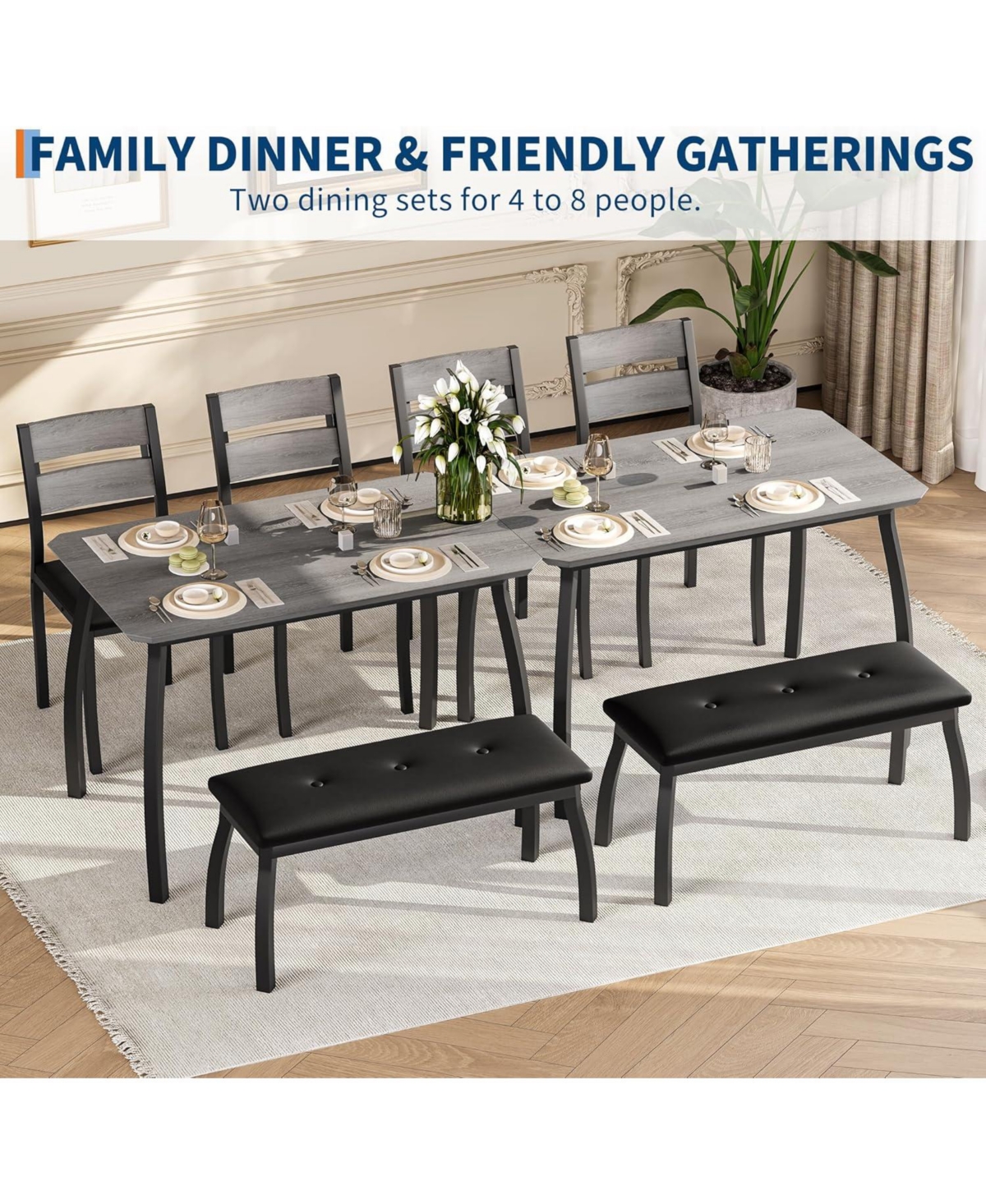 gaomon Dining Table Set for 4,Wooden Kitchen Table with Upholstered Bench & 2 Cushion Chairs, Space-Saving Dinette Set for Studio,Kitchen,Dining Room