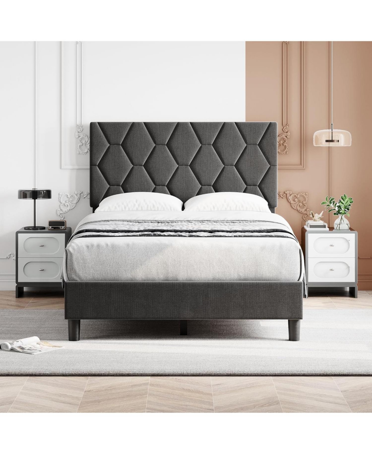 gaomon Bed Frame with Adjustable Headboard, Upholstered Platform Sturdy Wood Slats Support, No Box Spring Needed