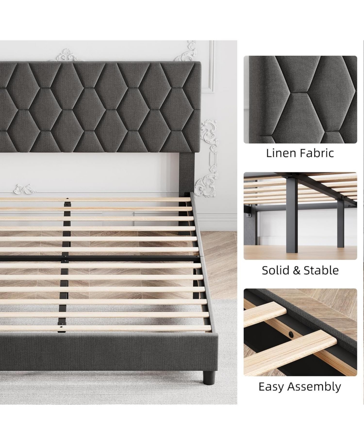 gaomon Bed Frame with Adjustable Headboard, Upholstered Platform Sturdy Wood Slats Support, No Box Spring Needed