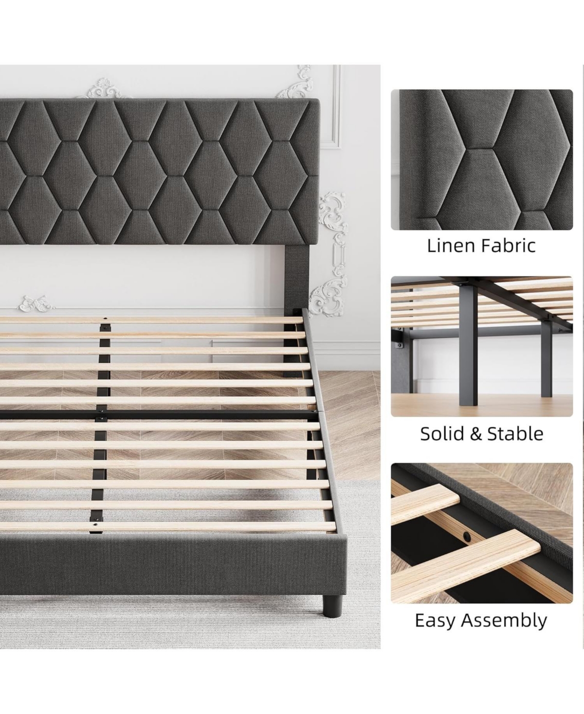 gaomon Bed Frame with Adjustable Headboard, Upholstered Platform Sturdy Wood Slats Support, No Box Spring Needed
