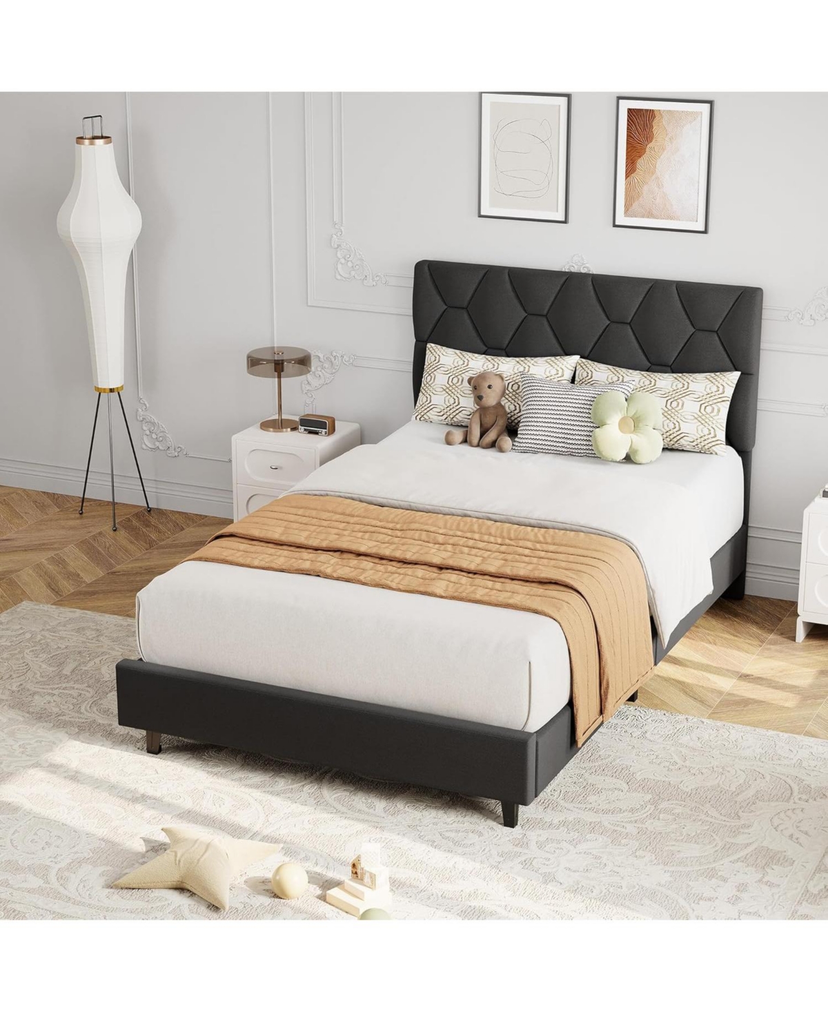 gaomon Bed Frame with Adjustable Headboard, Upholstered Platform Sturdy Wood Slats Support, No Box Spring Needed