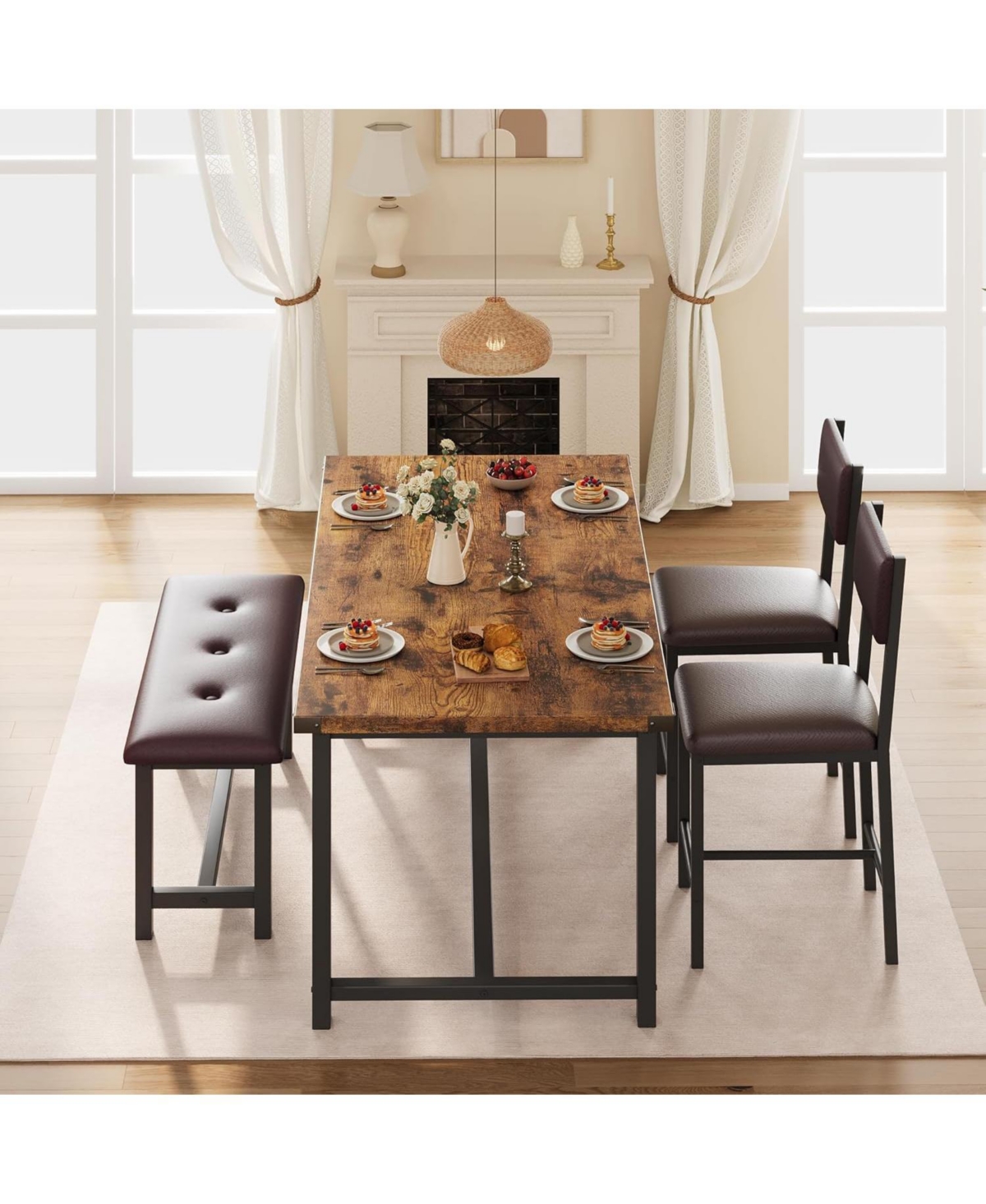 gaomon Dining Table Set for 4, Kitchen Table with 2 Upholstered Chairs and Bench, Wood Kitchen Dining Room Set, for Small Space