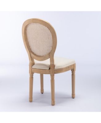 French Style Solid Wood Frame Dining Chair with Linen Fabric and Rattan Back Set of 2