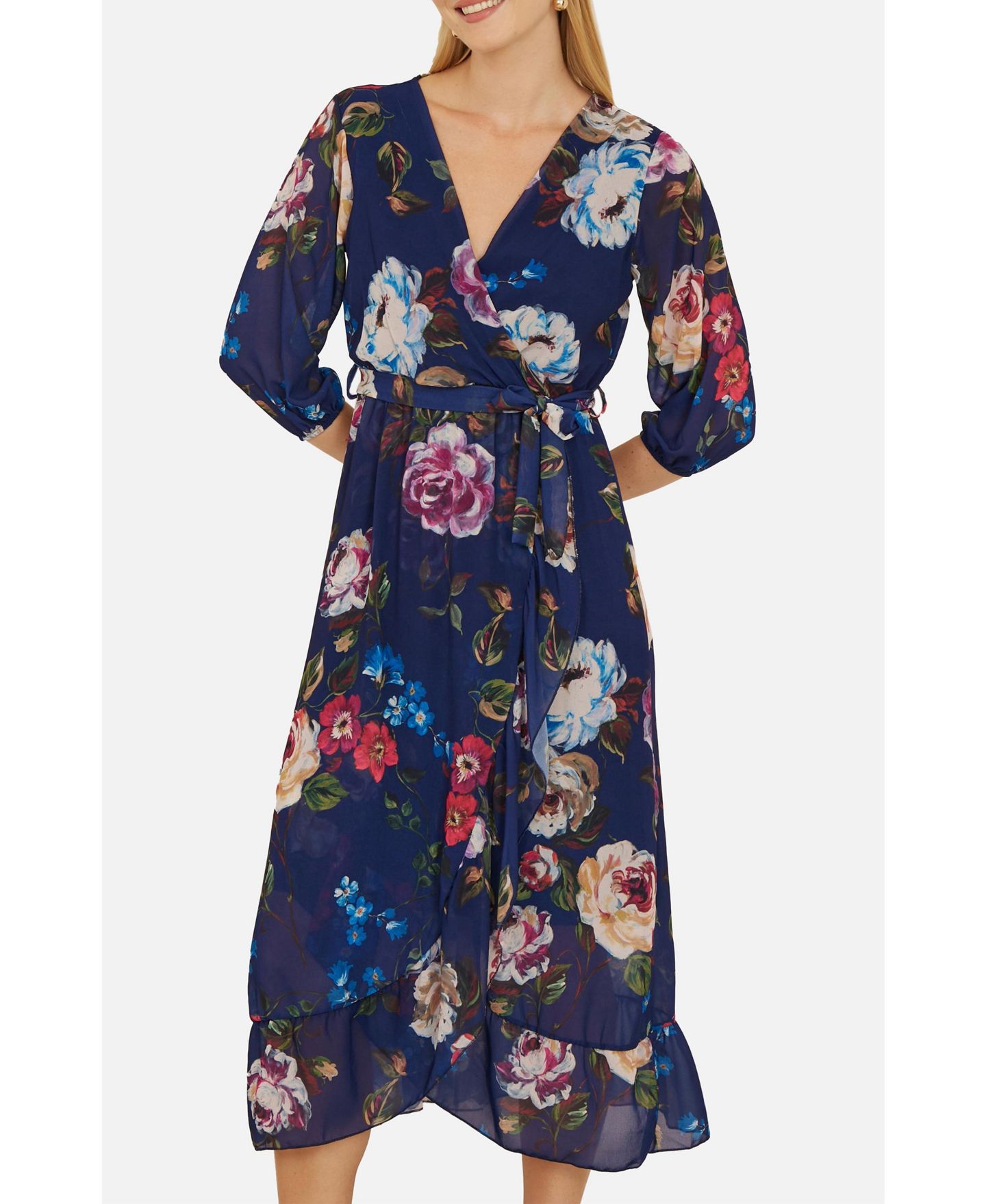 Женское платье Yumi Watercolour Dip Hem Midi Wrap, цвет: Тёмно-синий — фото 8