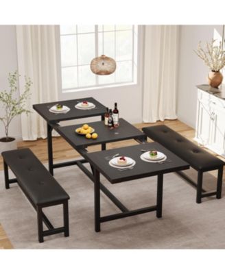 3Pcs Dining Table Set for 4-6, 63" Extendable Thick Metal Frame Kitchen Table with 2 Upholstered Benches Set for 6, Wooden Dinette Table