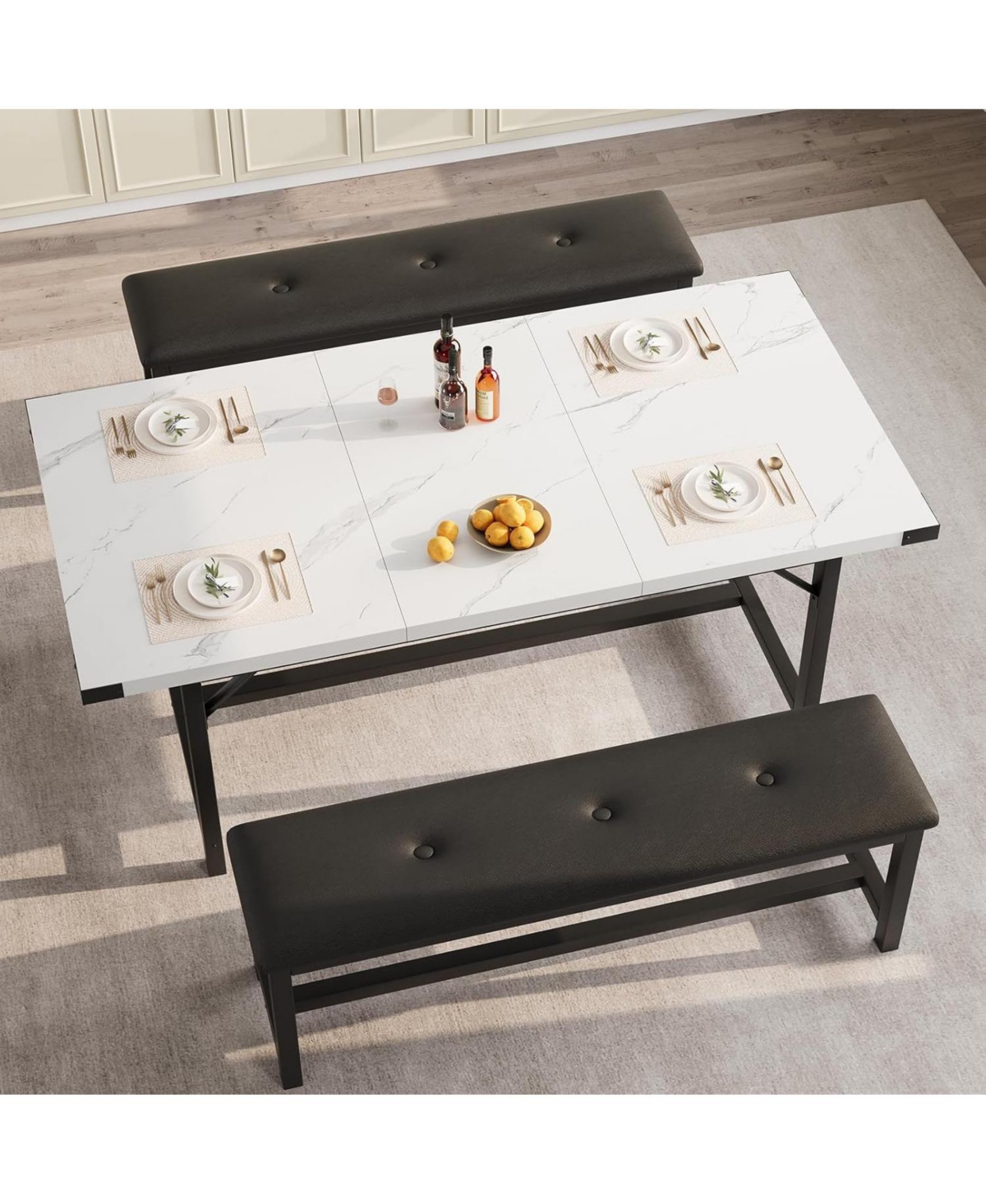 gaomon 3Pcs Dining Table Set for 4-6, 63" Extendable Thick Metal Frame Kitchen with 2 Upholstered Benches 6, Wooden Dinette