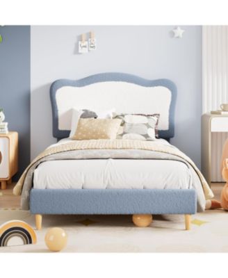 Bed Frame for Kids, Boucle Upholstered Platform Bed with Headboard for Girls Boys, Wooden Slats Support, No Box Spring