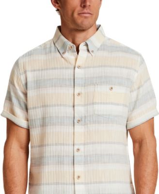 Men's Short-Sleeve Button Down Herringbone Horizontal Stripe Cotton Shirt