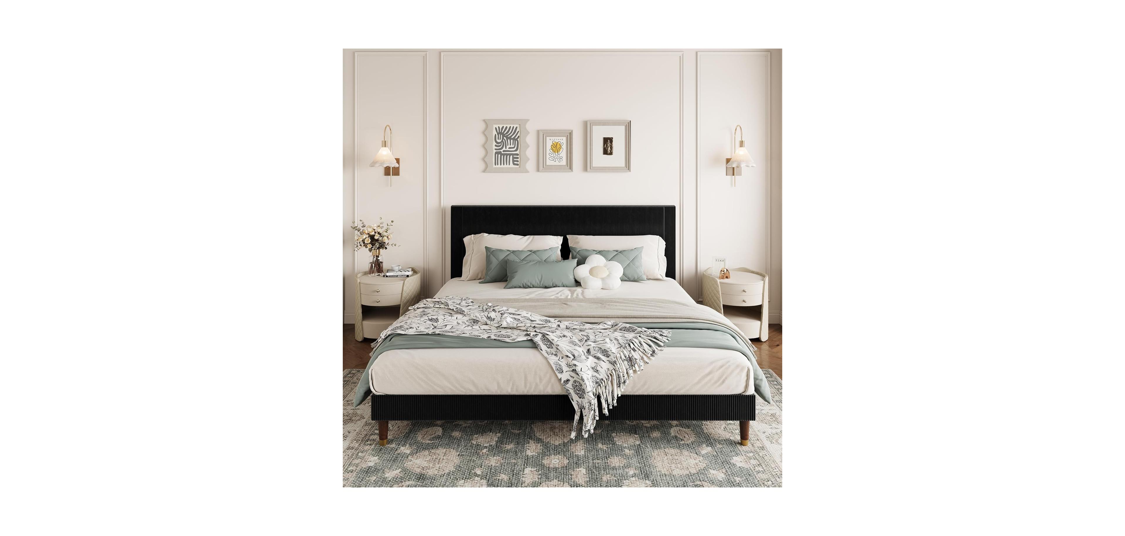 gaomon Bed Frame with Headboard, Corduroy Upholstered Platform Wooden Slats Support - No Box Spring Needed & Noise Free