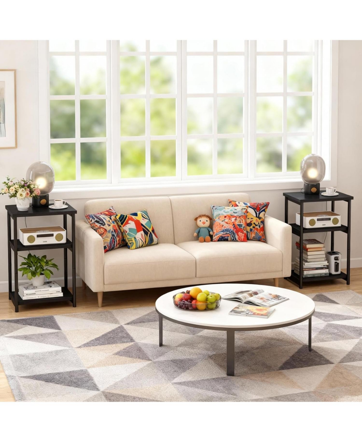 gaomon Slim 3-Tier End Table with Storage Shelves, Narrow Mobile Side for Small Spaces, Industrial Wood & Metal Sofa Table, Record Player St