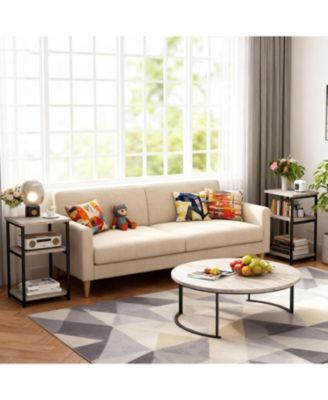 Slim 3-Tier End Table with Storage Shelves, Narrow Mobile Side Table for Small Spaces, Industrial Wood & Metal Sofa Table, Record Player St