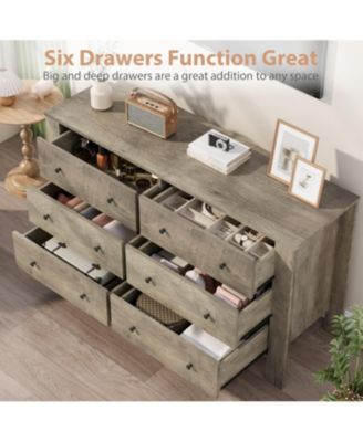 Grey 6 Drawer Dresser for Bedroom, Modern Wide Dresser Organizer with Storage Drawers, Wooden Chests of Drawers
