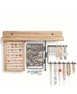 4-in-1 Wall Hanging shelves: Wood Shelf, Ring Box, Peg Board, Rotating Necklace Rack