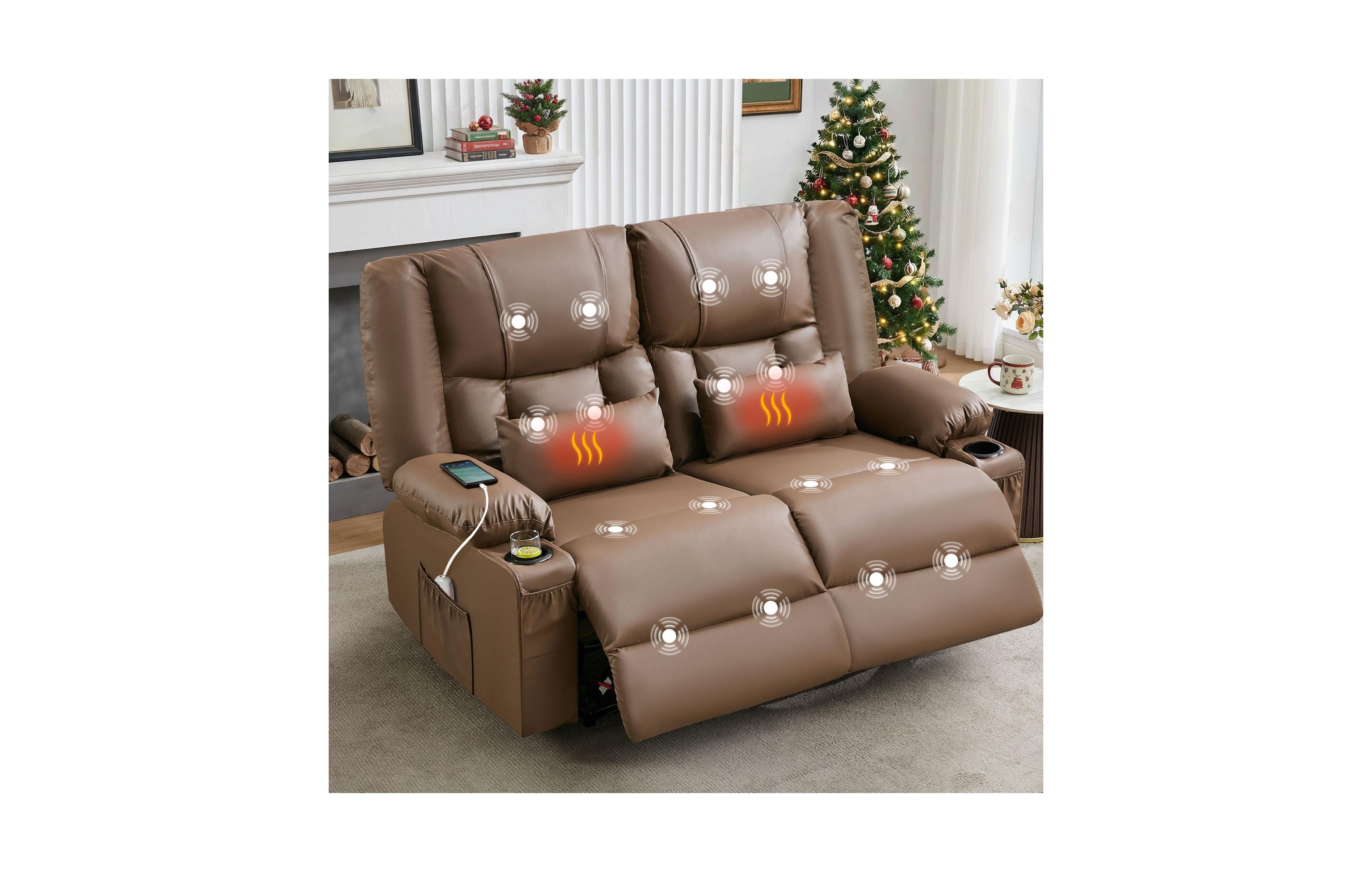 Clihome Oversized Faux Leather Recliner Loveseat with Massage, Heat & Cup Holders