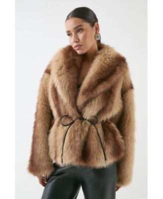 Women's Faux Fur Wide Collar Belted Jacket