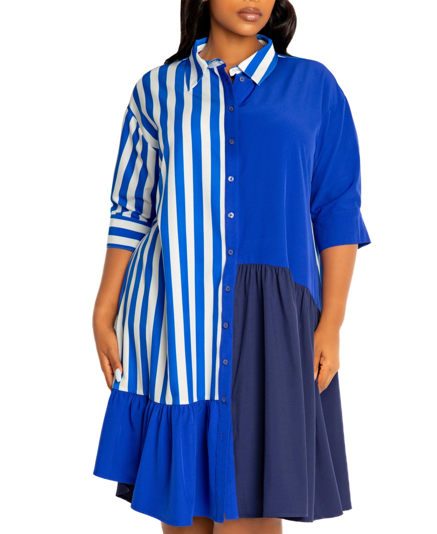 Женское платье Buxom Couture Plus Size Mixed Stripe Shirt Dress, цвет: Синий разноцветный — фото 3