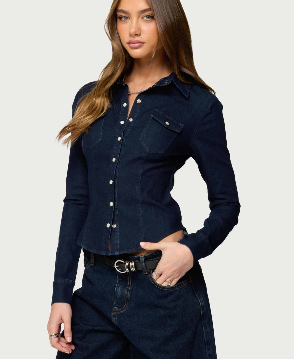 Edikted Women's Shylo Stretchy Denim Button Up Shirt