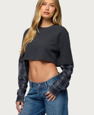 Women's Plaid Sleeves Layered Crop Top