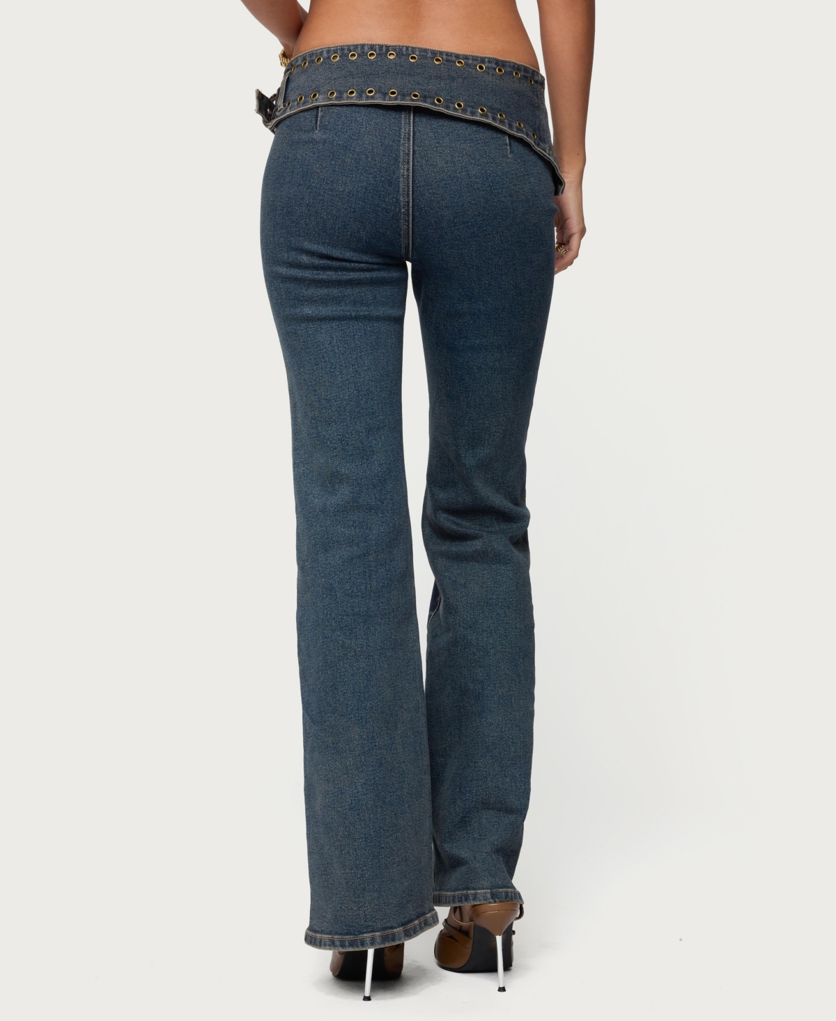 Edikted Women's Asymmetric Grommet Belt Low Rise Flared Jeans