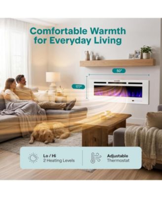 50" Electric Fireplace Heater with LED Flame, Smart Wi-Fi, Remote & Thermostat, 13 Color Modes, Wall or Recessed Mount