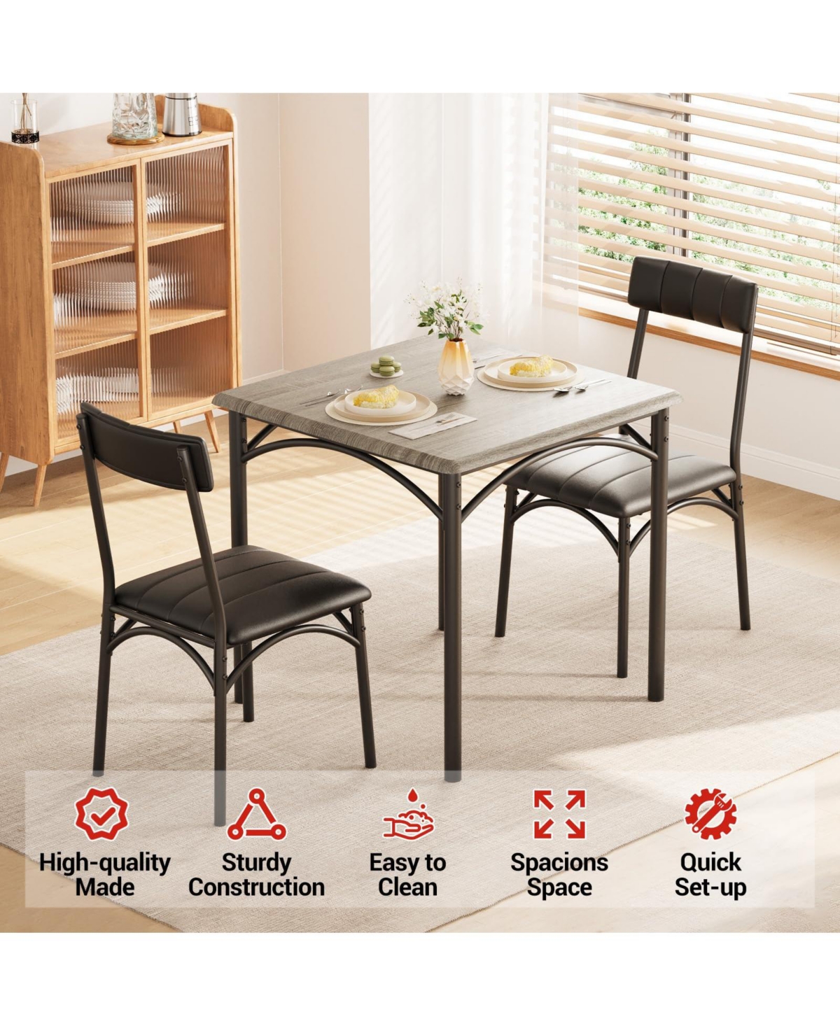 gaomon Dining Table Set, 1 and 2 Upholstered Chairs, for Breakfast Nooks Small Rooms, Ideal Kitchen