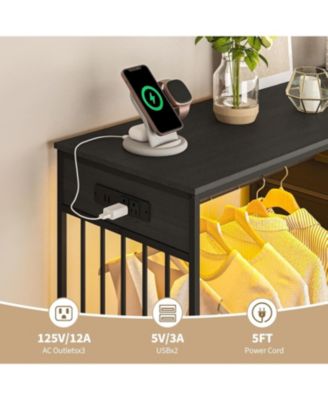 6 Drawers Dresser for Bedroom with Hanging Rack, LED Lights & Charging Station, Wooden Top Storage Chest of Drawers