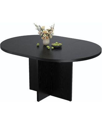43.3"–59" Extendable Round to Oval Hidden Storage Dining Table – Modern Cross Base Design