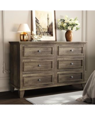 Dresser for Bedroom, 6 Drawer Wide Dresser Storage Organizer, Modern Wooden Chest of Drawers with Metal Handles for Hallway, Entryway