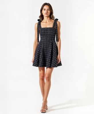 Women's Tweed Plaid Tie-Strap Square Neck Mini Dress
