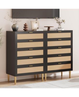 Rattan 5 Drawer Tall Dresser, Narrow Wooden Chest with Metal Legs & Handles for Bedroom