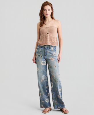 Petite Floral Painted Wide-Leg Jeans