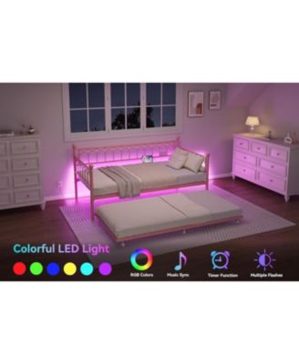 Twin Daybed with Trundle, Metal Trundle Bed with Charging Station & LED Lights, Sofa Bed Frame with 6 Locking Caster Wheels for Living Room