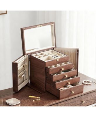 Luxury Walnut Jewelry Organizer with Mirror and Lock