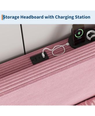 Twin Bed Frame with Charging Station, Corduroy Upholstered Platform Bed Frame with Headboard and Storage Shelf, Solid Wood Slats