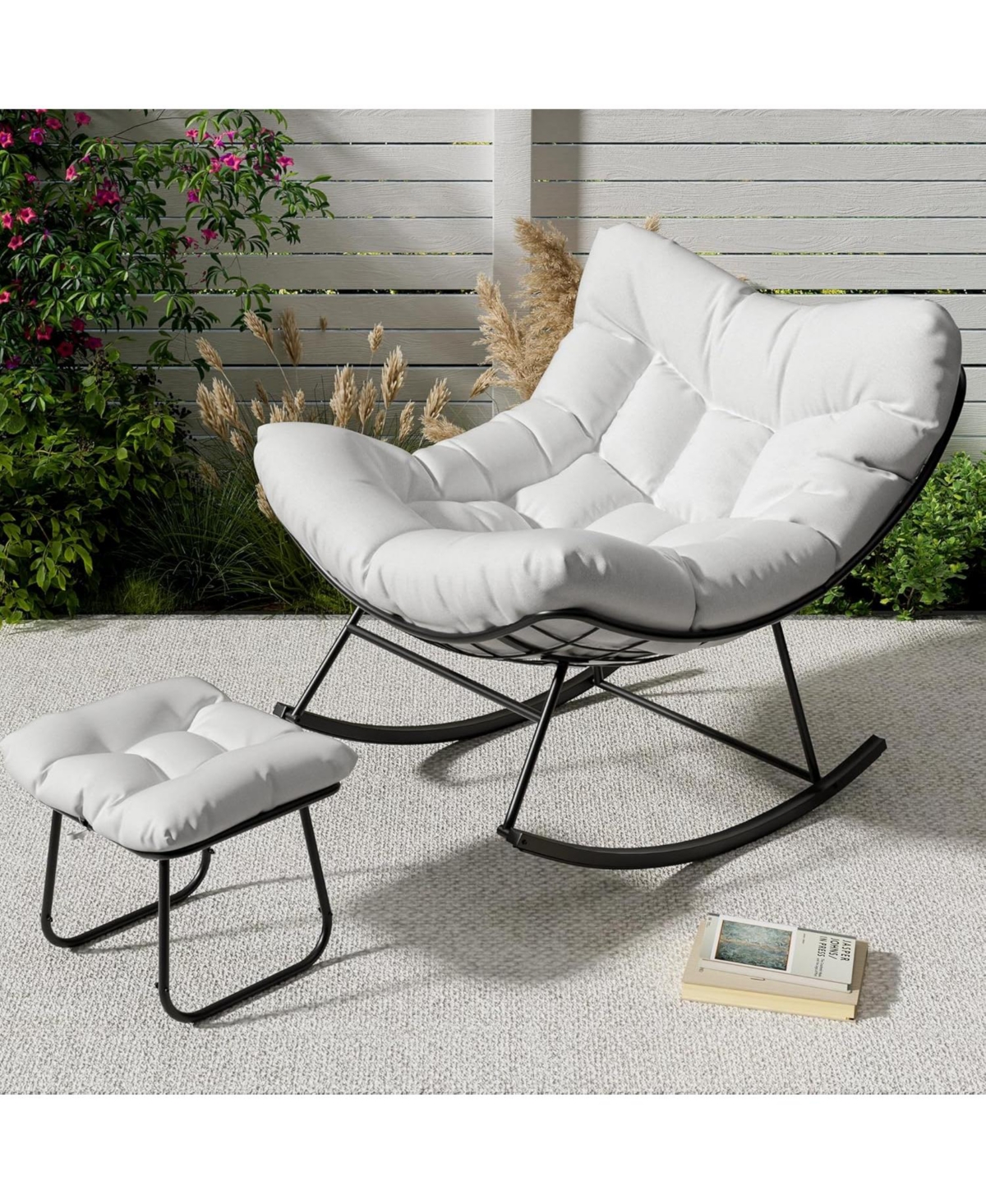 gaomon Oversized Outdoor Papasan Rocking Chair with Ottoman, Weather-Resistant Rattan Egg Rocker Metal Frame