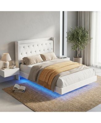 Full LED Bed Frame with Storage Shelves, Modern Upholstered Headboard, Heavy Duty Metal Slats, No Box Spring Needed, Noise Free