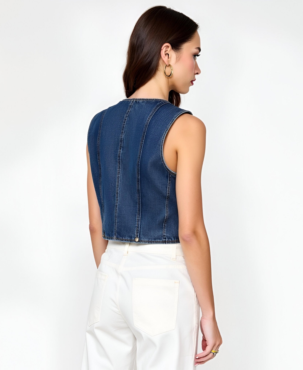 Modenaire Women's V-Neck Button-Front Angled Hem Denim Vest