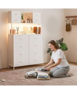 Dresser for Bedroom, 12-Drawer Fabric Chest with LED Lighting, Power Outlet and Open Shelves, Wood Top & Metal Frame for Bedroom