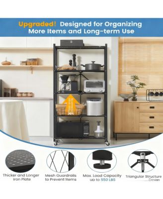 5-Tier Folding Metal Shelf, No Tools, 2 Modes, Heavy Duty