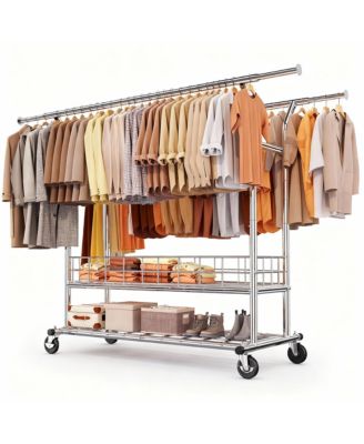 Adjustable 3-in-1 Metal Garment Rack with Storage Basket and Wheels