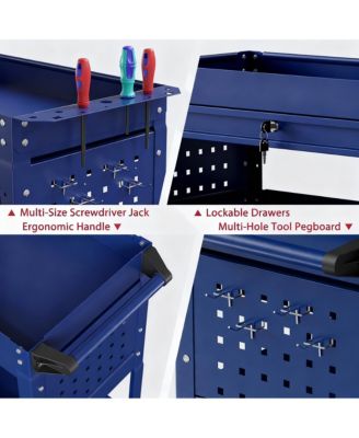 3 Tier Rolling Tool Cart with Drawer & Pegboard, 550 lbs Capacity, Easy Assembly