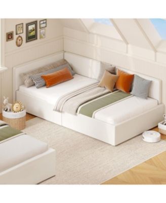 Twin Daybed with Bed Rails, Velvet Upholstered Corner Bed Frame with Headboard, Modern Kids Bed with Guardrail for Living Room, Bedroom