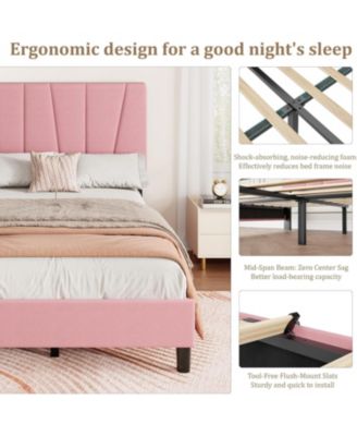 Twin Platform Bed Frame with Upholstered Fabric Headboard, Wooden Slat Support, No Box Spring Needed, Easy Assembly for Bedroom