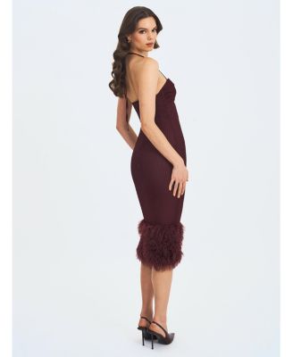 Women's Pluma Maroon Halter Faux-Fur Trimmed Midi Dress