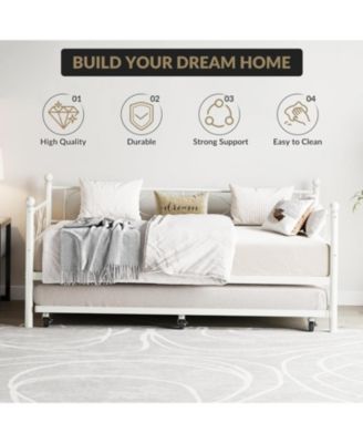 Heavy Duty Metal Twin Daybed with Pull Out Trundle, Modern Bed Frame with Headboard, Sturdy Steel Slats, No Box Spring Needed