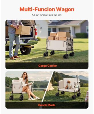 2-in-1 Foldable Wagon Cart Converts to Bench, Adjustable Handle, for Shopping Camping Gardening