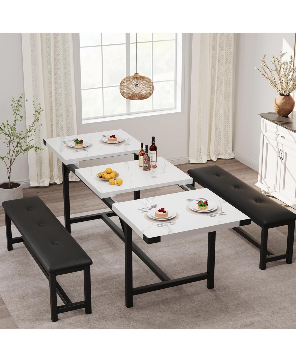 gaomon Extendable Dining Table Set for 4-6 Rectangle Large Extendable Kitchen Table with 2 Upholstered Benches