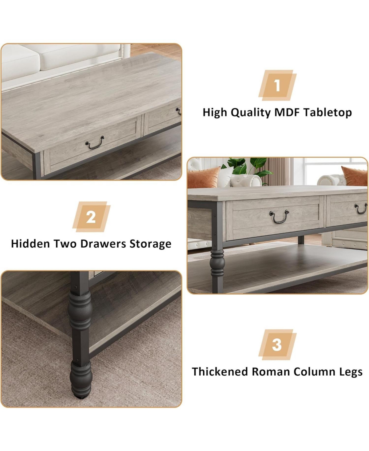gaomon 41" Coffee Table with 2 Storage Drawers