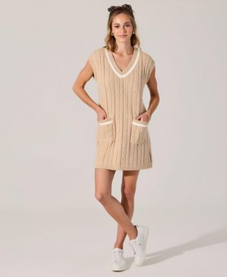 Women's Cable Knit Sleeveless V-Neck Contrast Stripe Mini Dress